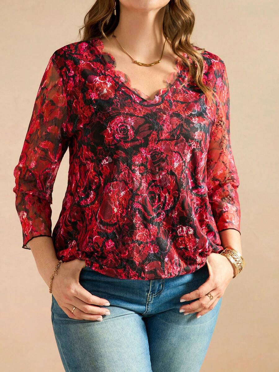 SHEIN Clasi Blusa de mujer con estampado de encaje de rosa y cuello de volantes en tallas grandes, cómoda y elegante, para primavera/verano - Multicolor - Ver 1