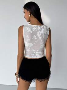 Aloruh Women Elegant Vintage Romantic Solid Color White Floral Flocked Ruffle Trim Sleeveless Fitted T-Shirt,Tops,Tops Women,Top,White Top,Summer Tops,Tank Tops Women,Crop Tops,Going Out Tops Women,Vacation,Y2k,Off The Shoulder Top,Tube Top - White - View 2
