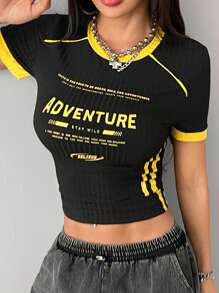 Coolane Women's Streetwear Athleisure Rib Knit Graphics Contrast Cropped T-Shirt - Black - View 4