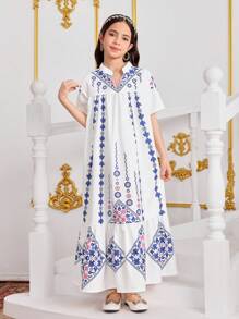 Tween Girl V-Neck Loose Floral Patchwork Long Dress, Holiday