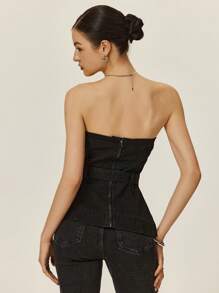 Poéselle Women's Simple Fitted Denim Tube Top For Casual & Holiday, Old Money, Business Casual Woman - Black - View 3