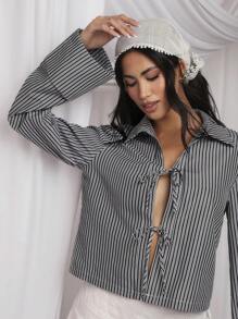 COSMINA Women's Casual Striped Tie Front Bell Sleeve Shirt - Black and White - View 4