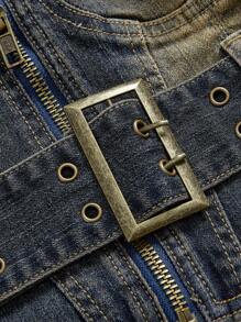 ROMWE Grunge Punk Vintage Sexy Distressed Cropped Denim Bustier Top - Blue - View 4