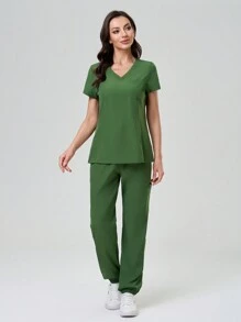 Scrubzie Women Solid Color Short Sleeve Long Pants Nurse Uniform Set Scrub Set Nurse Scrub Tops Scrub Bottoms Running Nurse & Uniform Scrubs Handwashing Pocketed Breathable Brushed Clothing Set Scrub Stretchable Athletic Workwear With Pockets Scrub Top And Pants Set Women's Scrub Set: Notch V-Neck Tuck In Top & Straight Leg Pants Essential Jogger Scrub Set Nursing Uniform Stretch Top & Drawstring Cargo Pants - Army Green - View 6