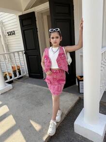 Tween Girls Peach Red Fashionable Versatile Washed Denim Vest & Skirt Set - Hot Pink - View 5