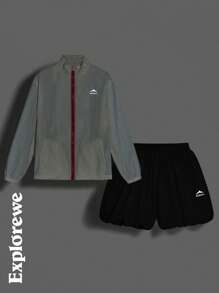 SHEIN Teenager Mädchen 2-teiliges Outfit - Reißverschluss Jacke mit langen Ärmeln und Shorts Set