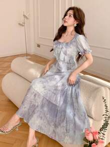 DAZY Women's Midi Length Dress With Allover Floral Print, Square Neckline And Ruffle Hem