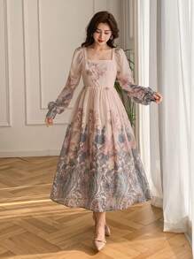 DAZY 女士全花卉泡泡袖方领中长连衣裙，秋季连衣裙长袖连衣裙