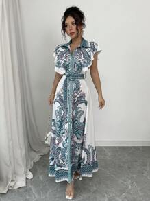 Elenzga Vestido Midi Fluido e Elegante com Cintura Marcada, Estampa Clássica, Vestido Longo Charmoso para Mulheres em Férias - Multicolorido - Visão 3