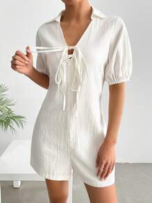 SHEIN EZwear Damen einfarbiger Jumpsuit mit Laternenschnittärmeln und Schleife vorne - Weiss - Übersicht 4