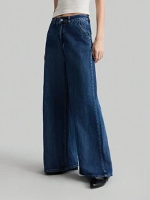 Ontre 2025 新款女士休闲复古低腰喇叭牛仔裤，女士牛仔服装，春夏宽松牛仔裤 - 藍色 - 查看 3