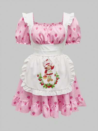 Strawberry Shortcake | ROMWE Vestido con volantes y estampado de fresa, talla grande