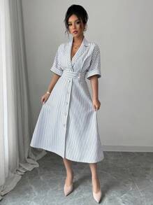 Rafferiza Black & White Striped Collared Cinched Waist Flared Dress - Black and White - View 4