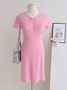Wildeya Tween-Mädchen Kleid, elegantes, süßes, kurzärmliges Minikleid aus Strick mit Schleife, rosa Kleid, geeignet für Sommer und Frühling, passend für Party und Urlaub