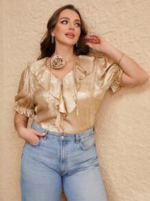 Elaquor Plus Size Women's Elegant Metal-Effect Ruffle Hem Blouse - Gold - View 4