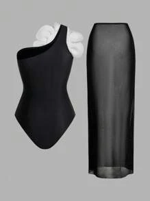 Swim Oasis Women 3D Floral Decor Sleeveless One-Piece Swimsuit With Matching Coverup And Skirt Set For Summer Beach Vacation - Multicolor - View 2