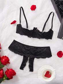 2 件套女士蝴蝶结装饰性感钢圈文胸套装，坏蛋造型 - 黑色 - 查看 5