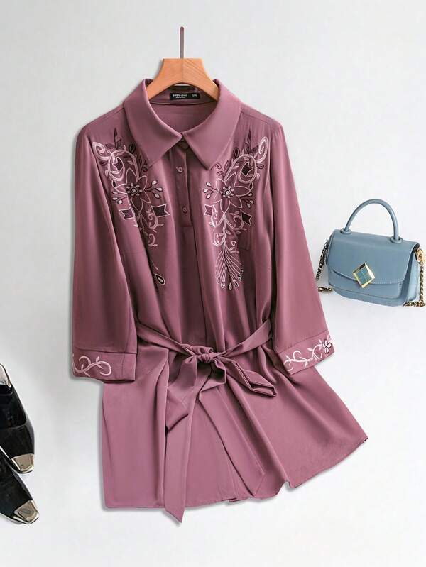 Al Najma Top à manche longue, à imprimé floral, à simple boutonnage, de style arabe, pour femmes grandes tailles
