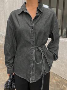 DAZY Einfarbige Spitze-up Loose Umlegekragen Langarm Lässig Sommer Jeans Bluse für Frauen, Herbstkleidung, Denim Jacke - Grau - Übersicht 5