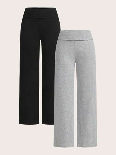 SHEIN EZwear 2pcs Women Casual High Waisted Cuffed Wide Leg Straight Pants, Suitable For Summer Fall Clothes Winter Clothes Women's Sportswear