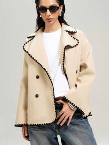 LYSMO Women Casual Contrast Binding Double-Breasted Woolen Coat, Autumn/Winter