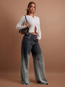 SHEIN X ELOISA & ORSON COSMINA 女式前扣口袋毛边下摆休闲牛仔裤