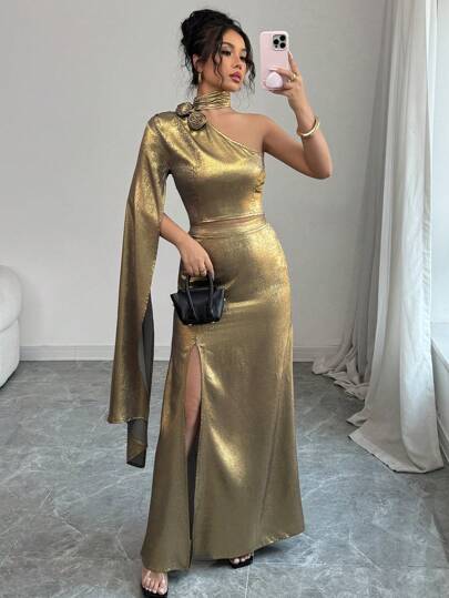 Elenzga 2 Pieces Set: Handmade Flower Decor One-Shoulder Halter Glamorous Maxi Dress With Slit & Fishtail Hem