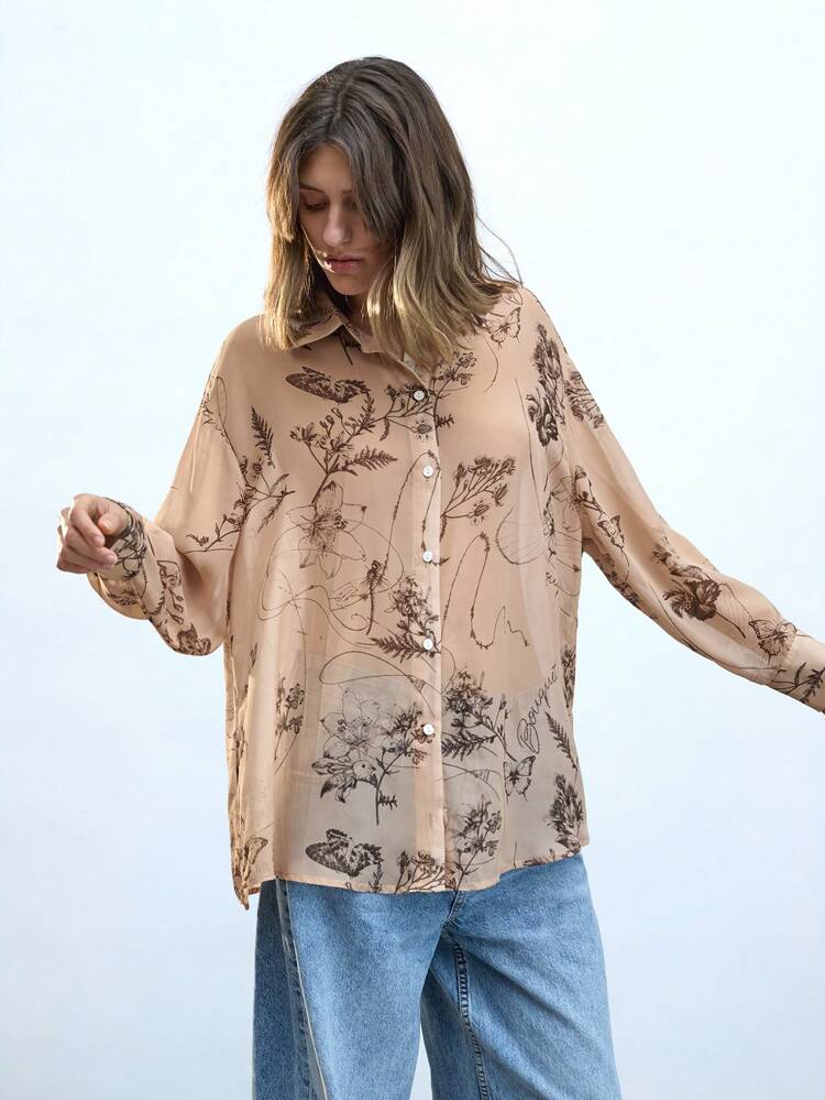 SHEIN Maija Women's Khaki Floral Print All-Match Chiffon Blouse, Modern Casual Bohemian Style, Loose Fit, Lightweight For Spring & Summer, Button Front, Suitable For Music Festivals, Cruises & Ibiza