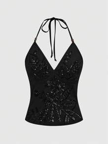 ROMWE Fairycore Vintage Sequin Floral Vine Embroidered Open Back Tank Top - Black - View 5