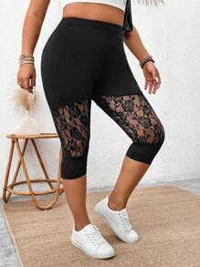 SHEIN LUNE 夏季大码女士蕾丝拼接弹力针织七分裤