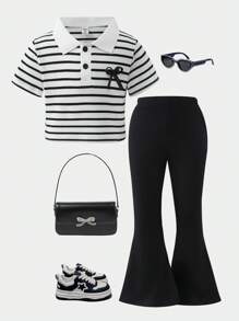 SHEIN 2pcs/Set Young Girl Stripe Bow Decor Polo Collar Short Sleeve Top And Flared Pants Set
