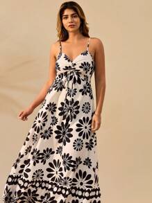 SHEIN Clasi Plus Size Plant Printed Maxi Slip Dress - Multicolor - View 1