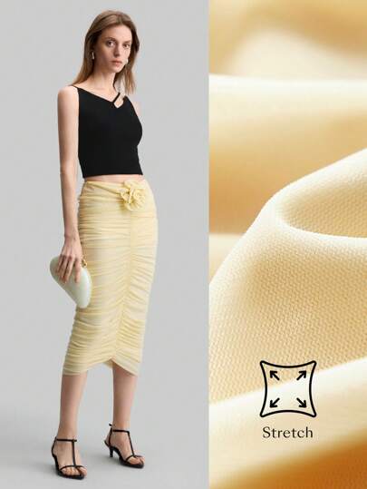 Ontre Women's Knitted Elastic Mesh Fabric 2025 Spring High Waist Skirt, Romantic Elegant 3D Floral Slim Ruched Cream-Yellow Color