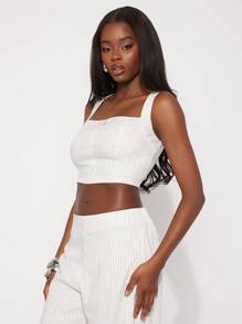 SHEIN Unity 春季方领细条纹节日无袖上衣夏季商务休闲办公室西服婚礼宾客特殊场合新娘晚宴舞会服装女士 - 白色 - 查看 5