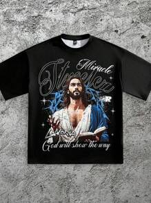 Manfinity VCAY 男士数码印花宽松针织圆领短袖 T 恤 - 黑色 - 查看 1