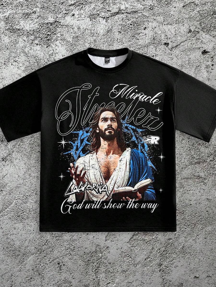 Manfinity VCAY 男士数码印花宽松针织圆领短袖 T 恤 - 黑色 - 查看 1