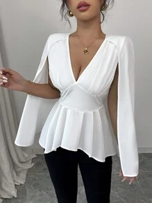 Elenzga 女士 V 领前褶皱收腰喇叭下摆衬衫裹身裙