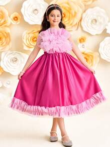 SHEIN Leap Crew Tween Girl Elegant Round Neck Sleeveless Ruffle Waist A-Line Midi Dress - Pink - View 5