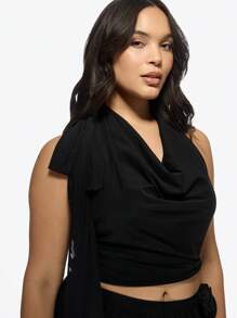 MISSGUIDED PLUS 优雅垂褶高领露背吊带上衣，大码晚宴派对夜店无袖短款衬衫，系带设计，时尚夏季上衣 - 黑色 - 查看 3