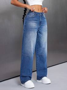 SHEIN ICON Women's Casual Washed Loose Straight Leg Jeans - Blue - View 5