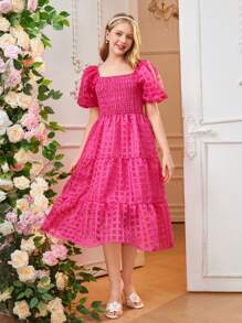 Vintage Sweet Square Neck Puff Sleeve Casual Snug Fit Mini Dress For Teenage Girls, Spring/Summer - Hot Pink - View 5