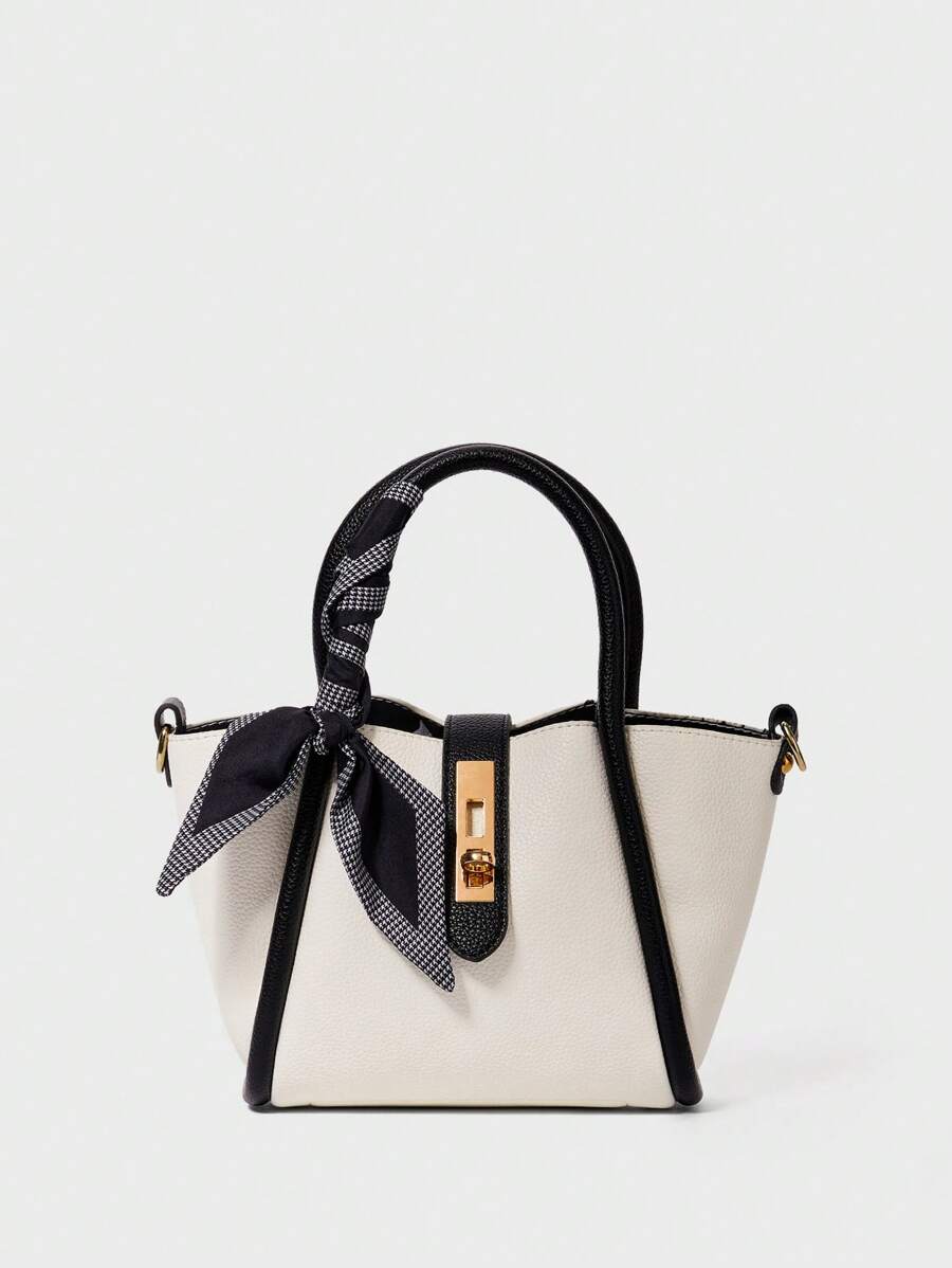 Bolso de mano con decoración de bufanda delgada y bolsillo interior, regalo de Navidad, San Valentín, invierno - Blanco y Negro - Ver 1