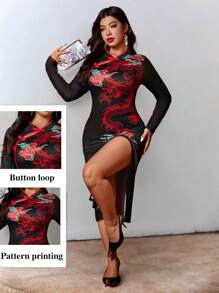 Celure 大码女士优雅旗袍连衣裙，中式立领，红色撞色，纽扣门襟，龙和祥云印花，中国新年/节日 - 黑色 - 查看 6