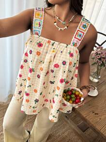 Weeklong Débardeur à motif carreaux et micro-fleurs pour femmes grande taille avec broderie