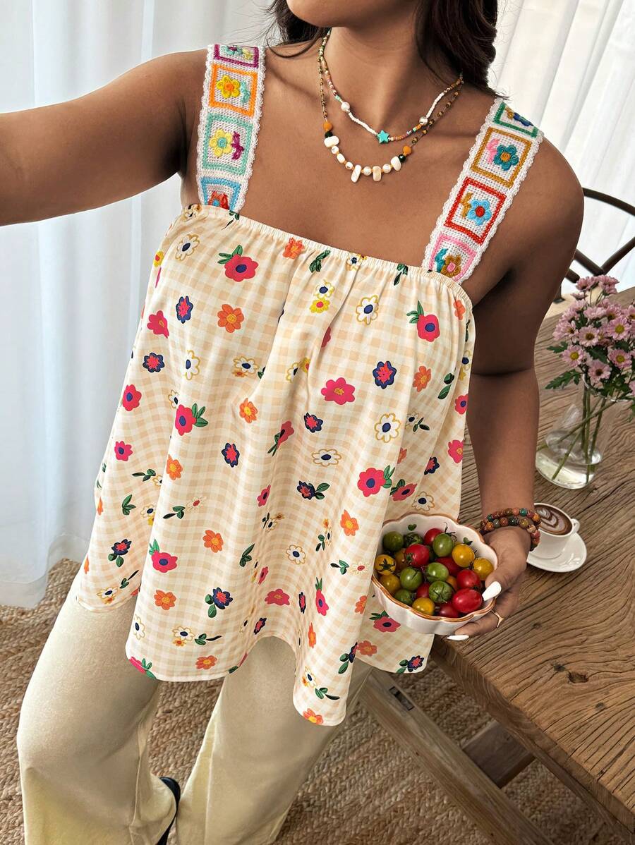 Weeklong Débardeur à motif carreaux et micro-fleurs pour femmes grande taille avec broderie