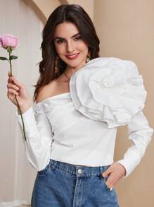 Chiquease 女士优雅大花卉印花斜肩衬衫 - 白色 - 查看 3