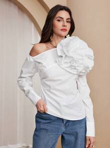 Chiquease 女士优雅大花卉印花斜肩衬衫 - 白色 - 查看 4