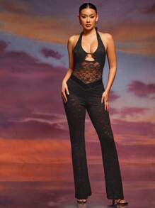 Hauture Women's Spring/Summer Sexy Lace Patchwork Backless Halter Bodysuit - Black - View 1