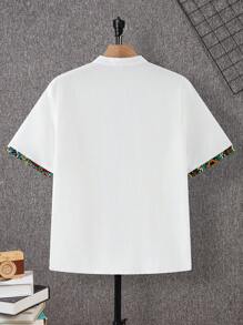 SHEIN Casual White Patchwork Short Sleeve Shirt For Teen Boys, Sports Streetwear Punk Rock School Daily Outgoing Party Music Festival, Suitable For Spring & Summer, Boys Costume Tween Clothes, Graphic Retro Print - White - View 2