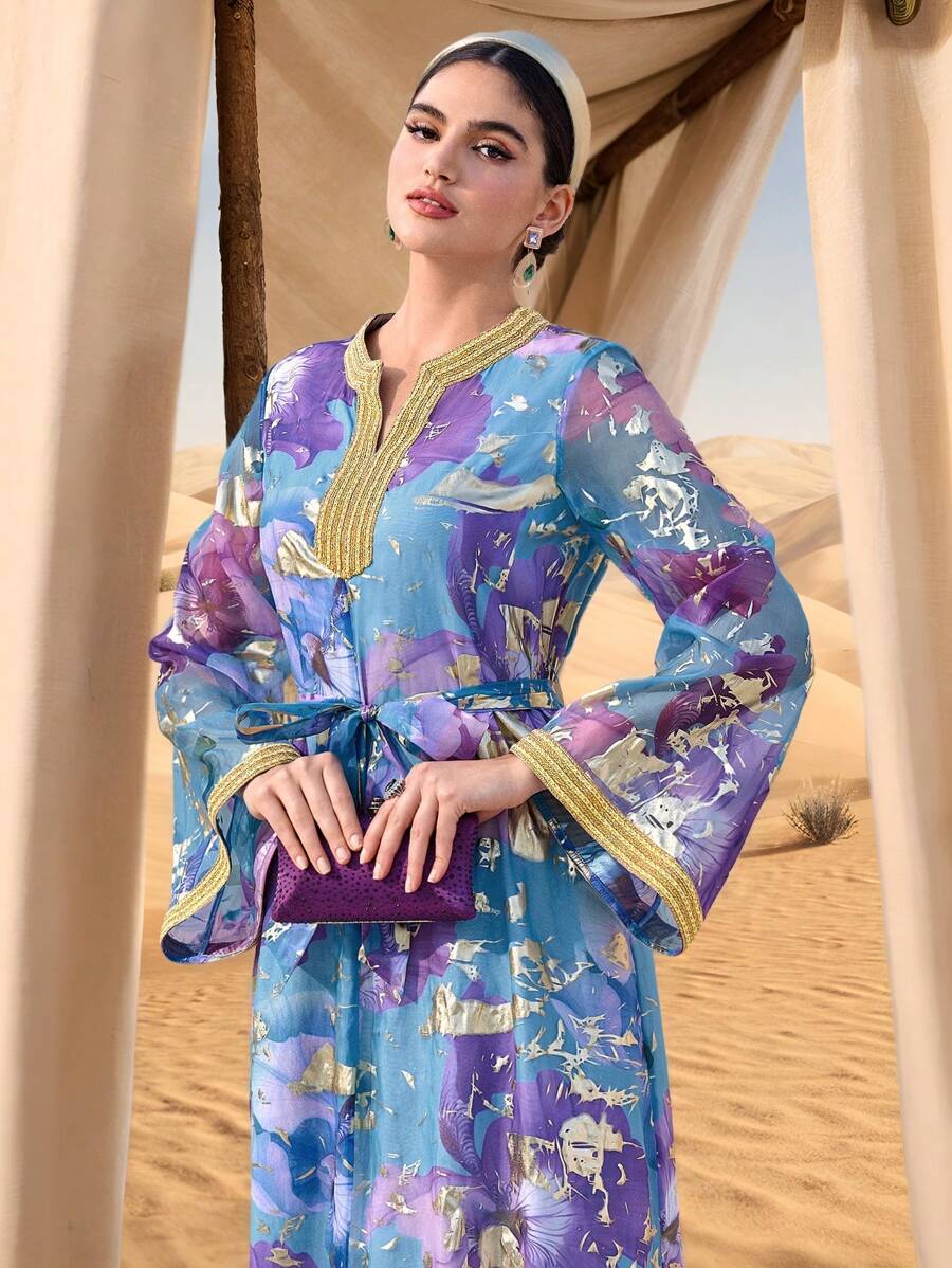 Al Najma 女式印花拼布 V 领长袖简约阿拉伯风格连衣裙 - 藍色 - 查看 1